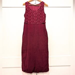 VINTAGE Bobbie Brooks Womens Embroidered Burgundy Corduroy Jumper Pinafore Dress